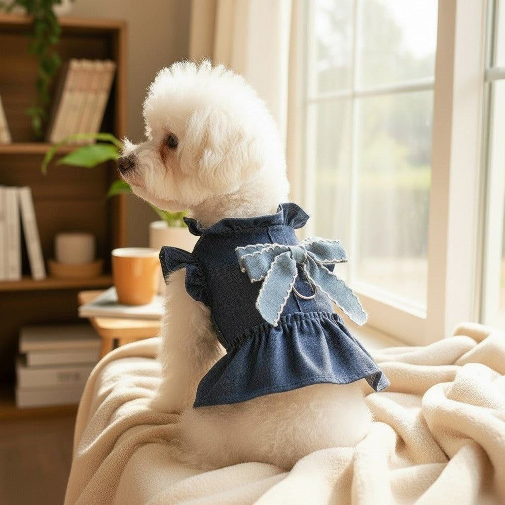 The Spoiled Pet Club denim pet dress with a ruffled skirt and large bow, worn by a white dog on a cozy blanket.