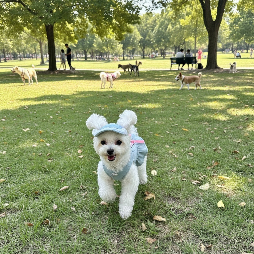 The Spoiled Pet Club small white dog wearing a light blue denim dress and matching cap in a sunny park.