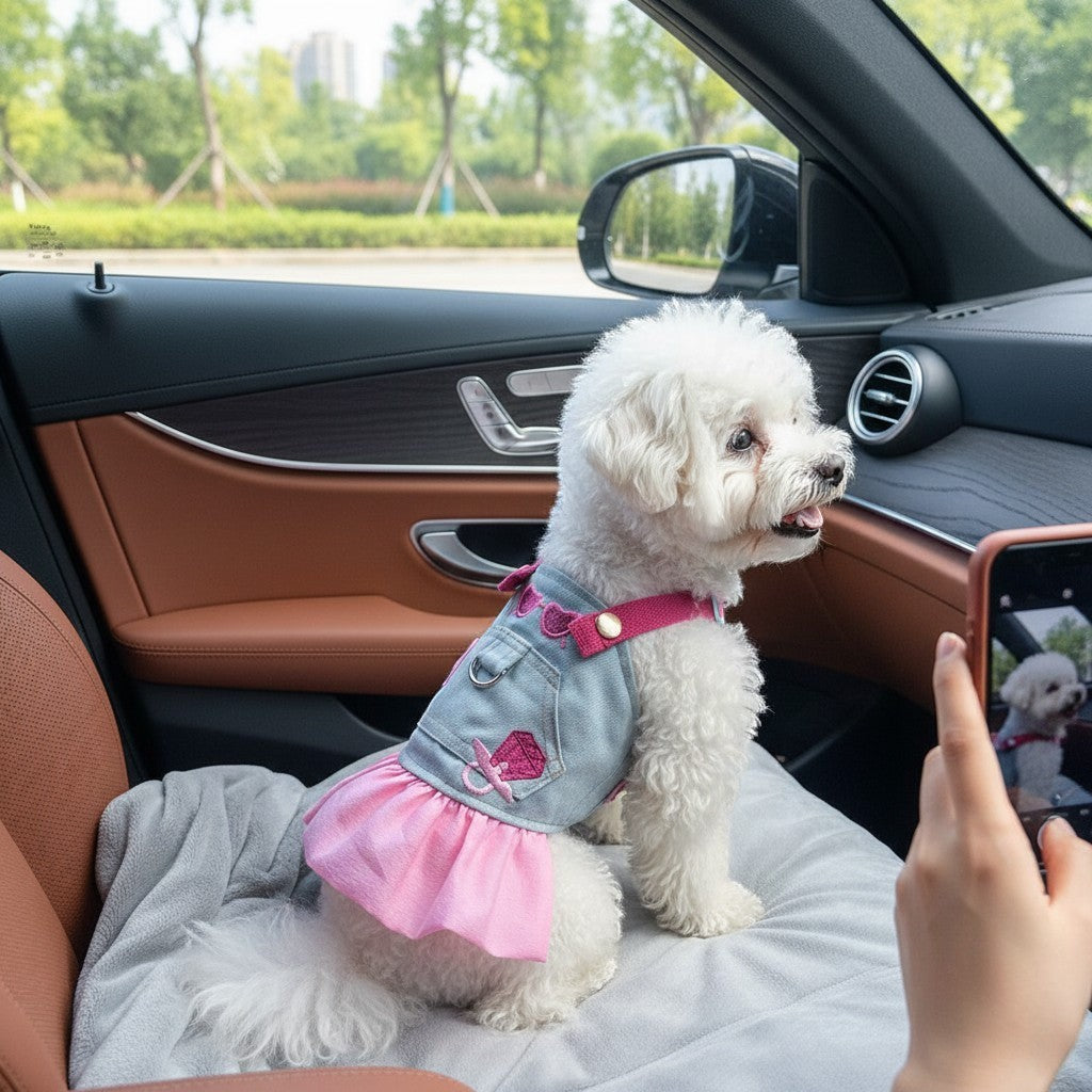 The Spoiled Pet Club denim pet dress with pink skirt and diamond embroidery on a white dog sitting in a car seat.
