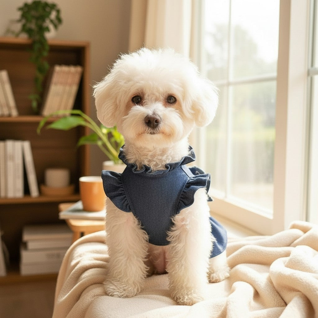 The Spoiled Pet Club white Bichon Frise wearing a cute blue denim ruffled pet dress sitting on a cozy blanket