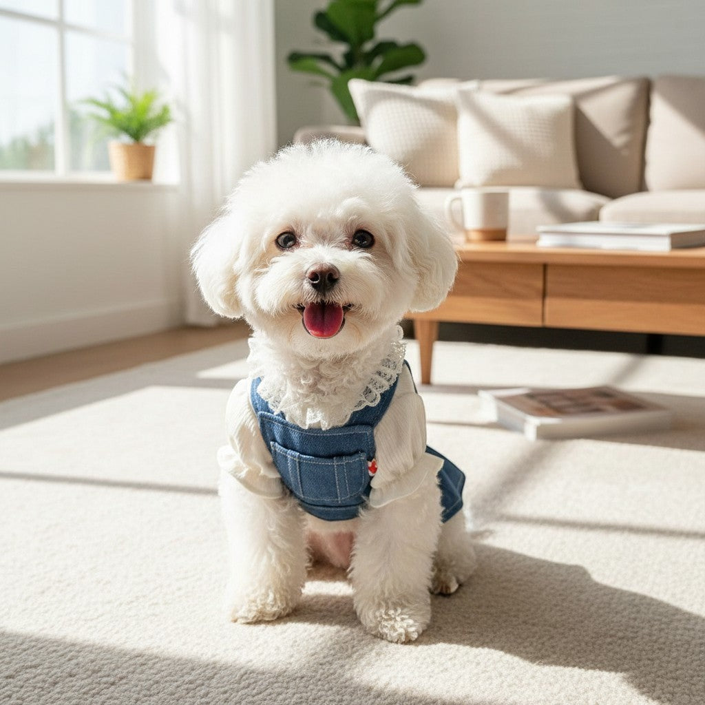 The Spoiled Pet Club white Bichon Frise dog wearing a cute blue denim suspender dress with a white lace collar.