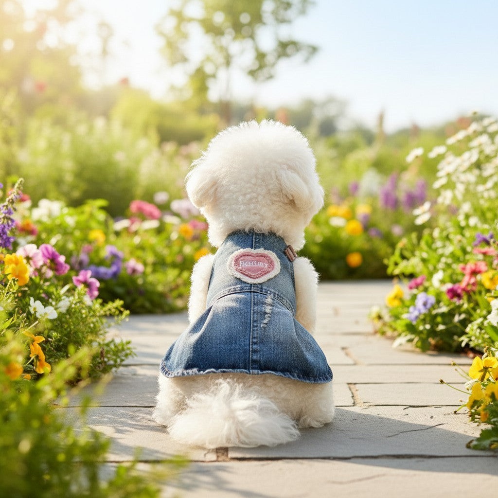 The Spoiled Pet Club denim pet dress with a heart patch on a fluffy white dog sitting in a sunny flower garden.