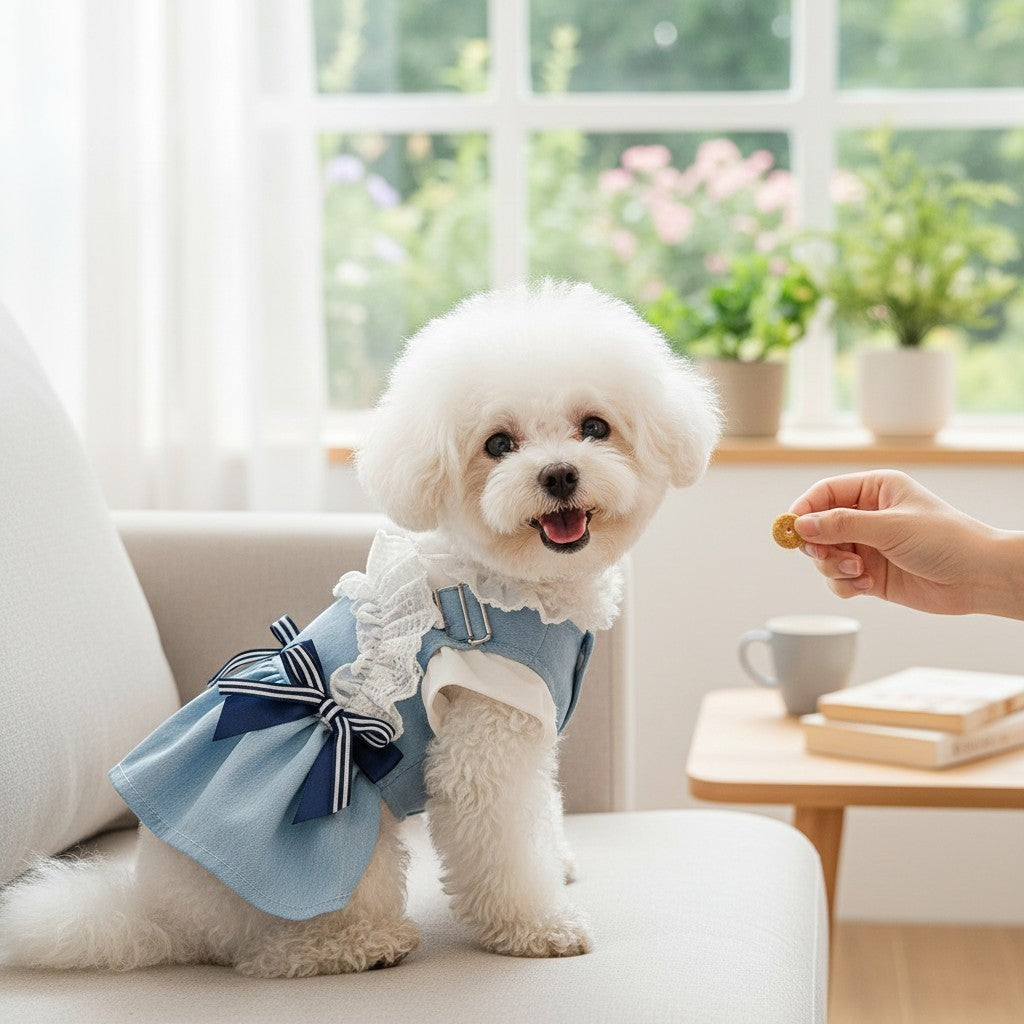 The Spoiled Pet Club blue denim pet dress with white lace trim and a navy striped bow on a fluffy white dog.