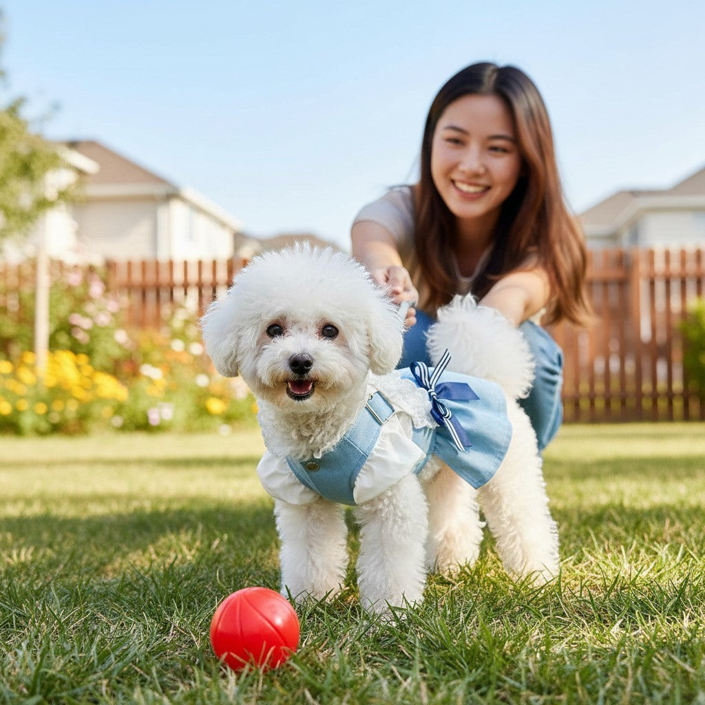 The Spoiled Pet Club denim pet dress with white sleeves and a blue bow on a white Bichon Frise in a sunny backyard.