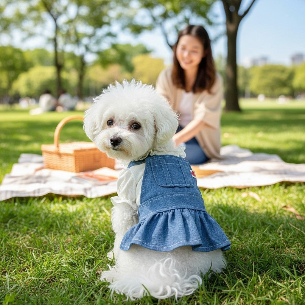 The Spoiled Pet Club denim suspender skirt on a white fluffy dog sitting on a picnic blanket in a park