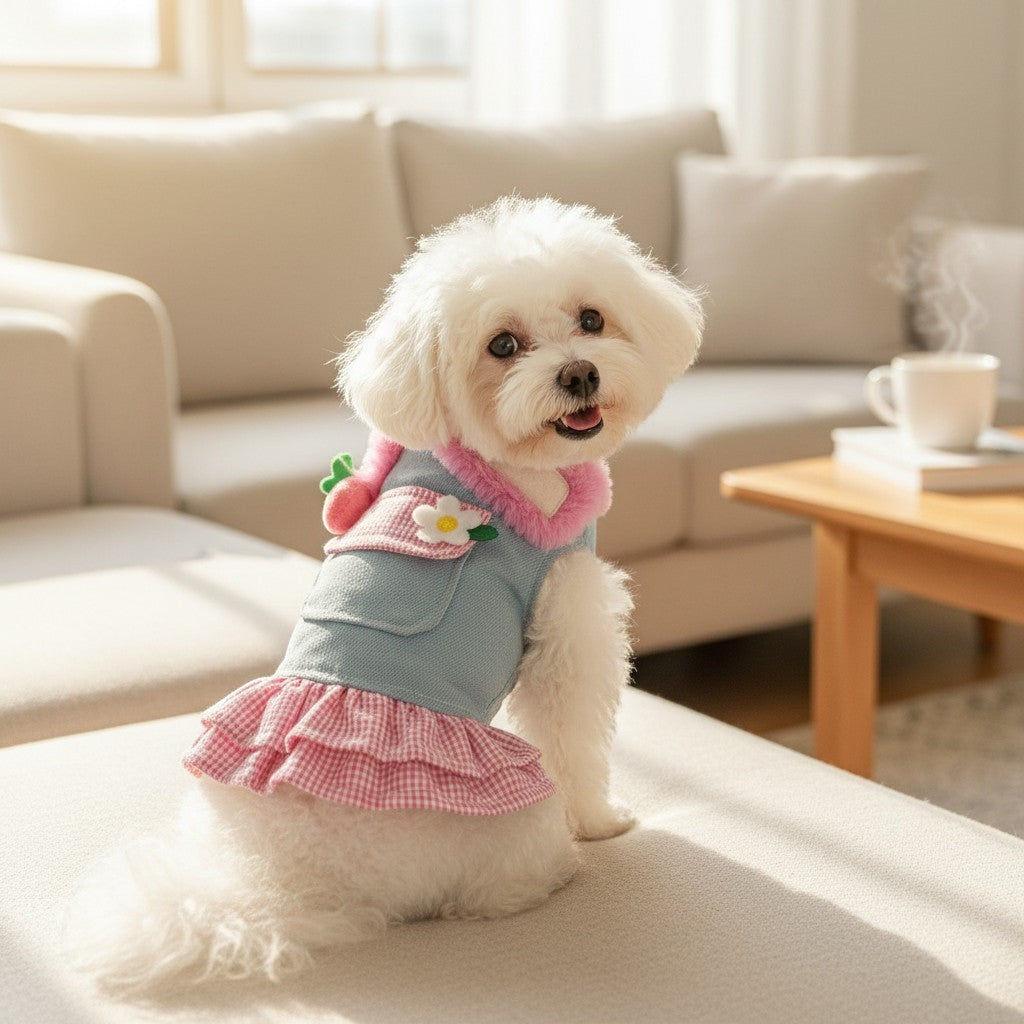 The Spoiled Pet Club white dog wearing a blue denim and pink gingham ruffled pet dress with a floral accent.