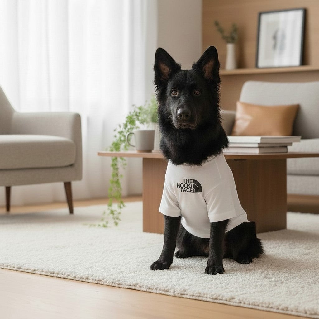 Black dog wearing a white The Spoiled Pet Club cotton t-shirt with a dog face graphic in a modern living room