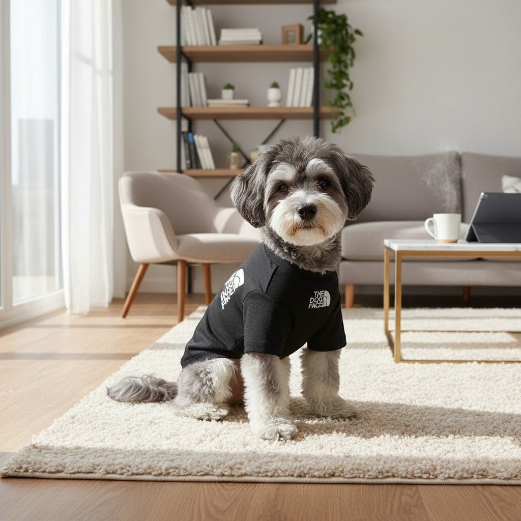 A small dog wearing a black The Spoiled Pet Club cotton t-shirt with a dog face logo, sitting on a living room rug.