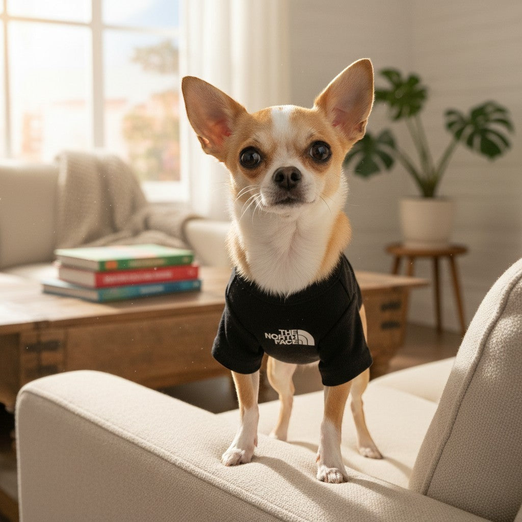 A small chihuahua wearing a black cotton The Dog Face Everday Tee from The Spoiled Pet Club in a bright living room.