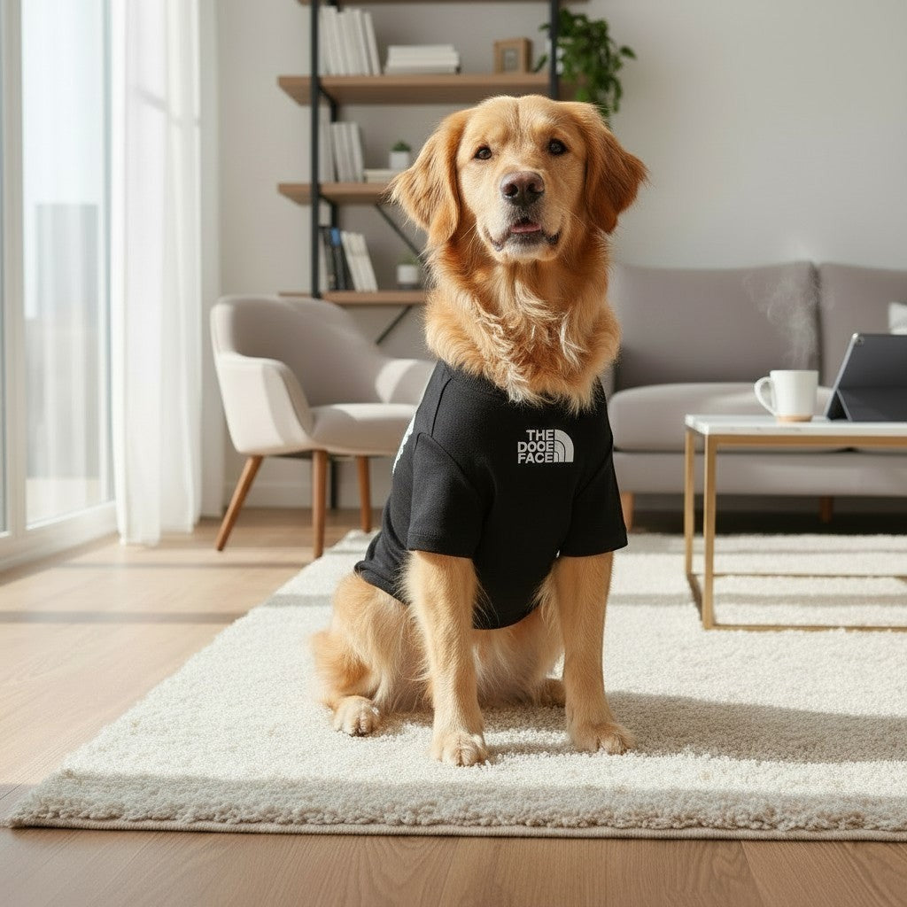 Golden Retriever wearing a black The Spoiled Pet Club cotton t-shirt with a dog face logo in a cozy living room.