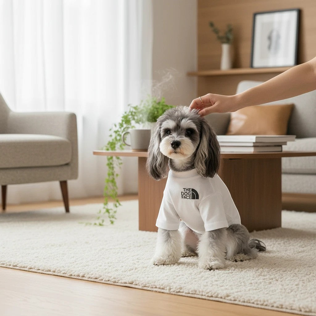 A small dog wearing a white cotton The Dog Face Everyday Tee from The Spoiled Pet Club, sitting in a cozy living room.