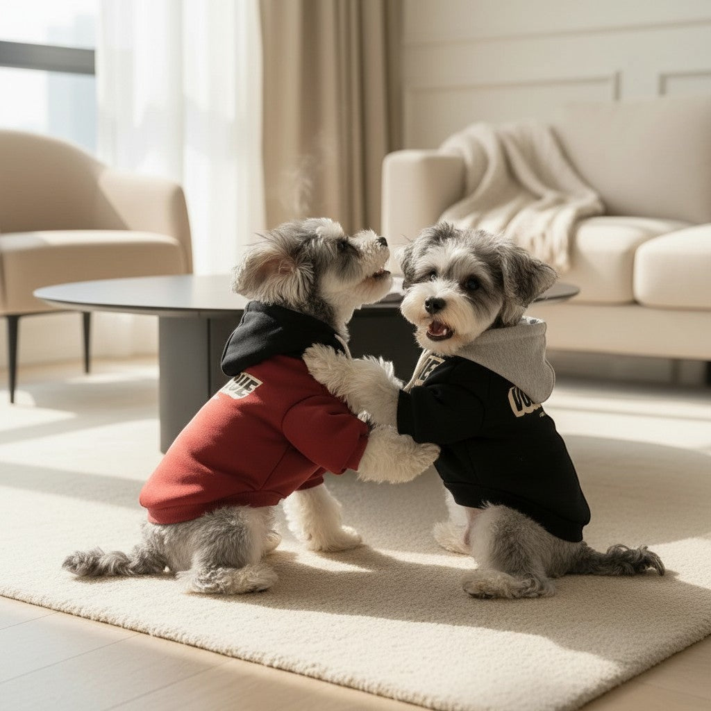 Two small dogs wearing The Spoiled Pet Club polyester hoodies in burgundy and black with grey hoods in a bright room.