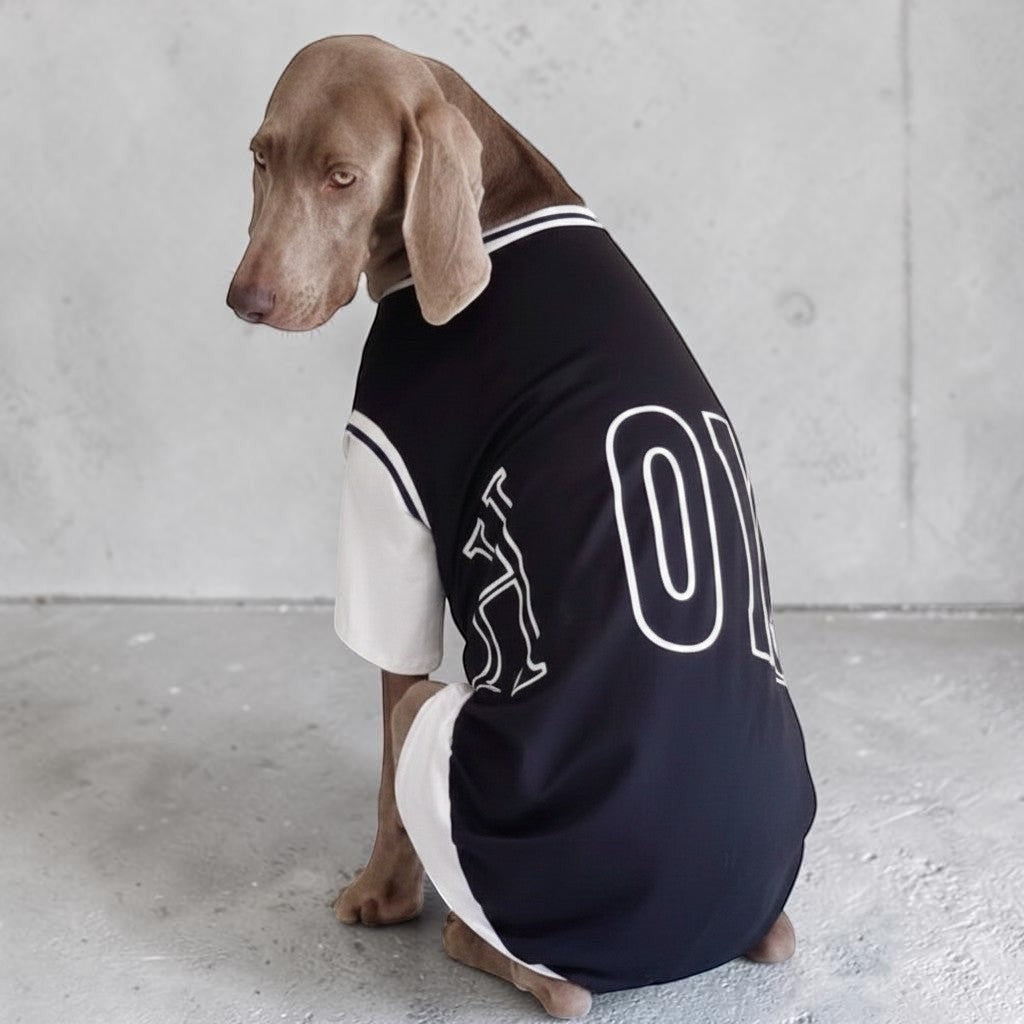 The Spoiled Pet Club black and white polyester dog jersey with number print, worn by a dog against a concrete wall.