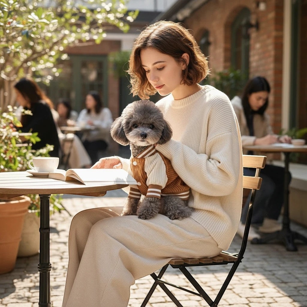 The Spoiled Pet Club dog wearing a brown and cream knit bomber jacket with ribbed texture and stripe details.