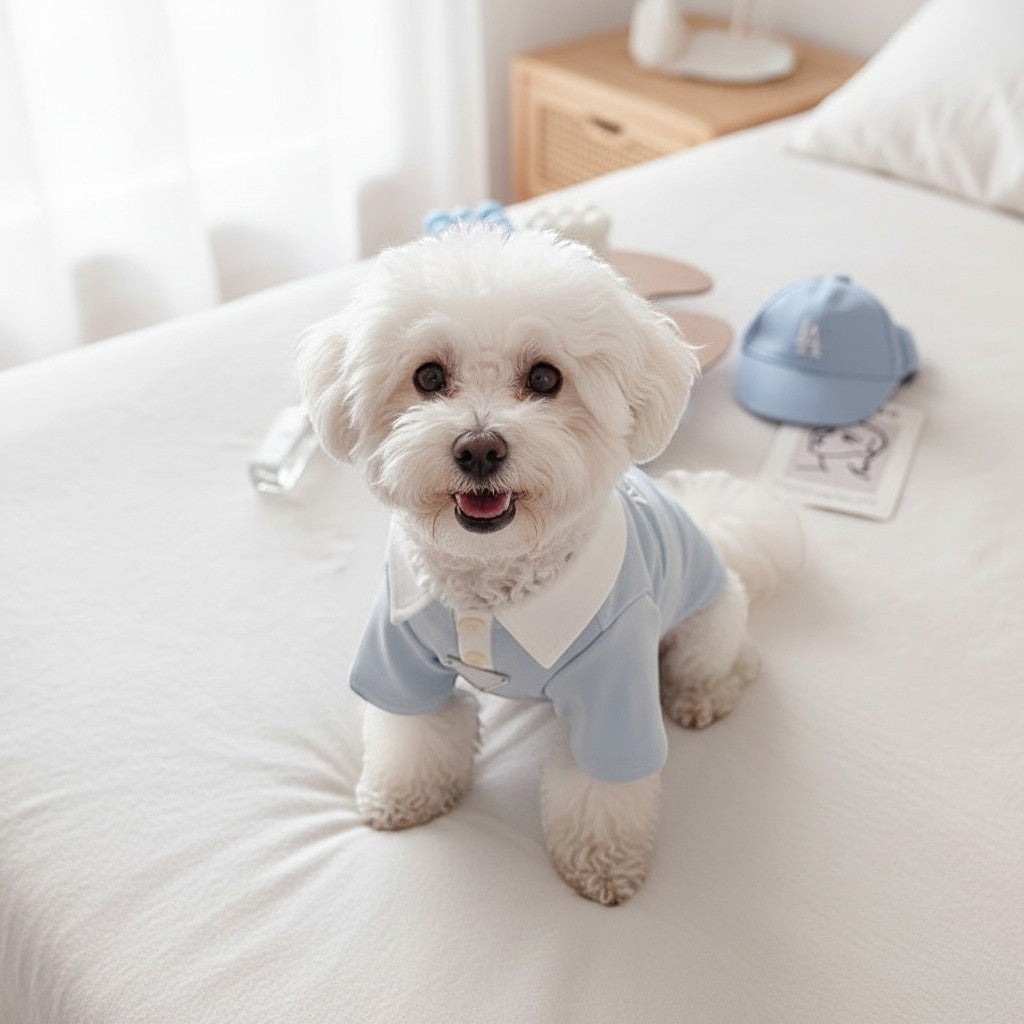 The Spoiled Pet Club blue cotton polo shirt for dogs with a white collar, worn by a fluffy white dog on a bed.