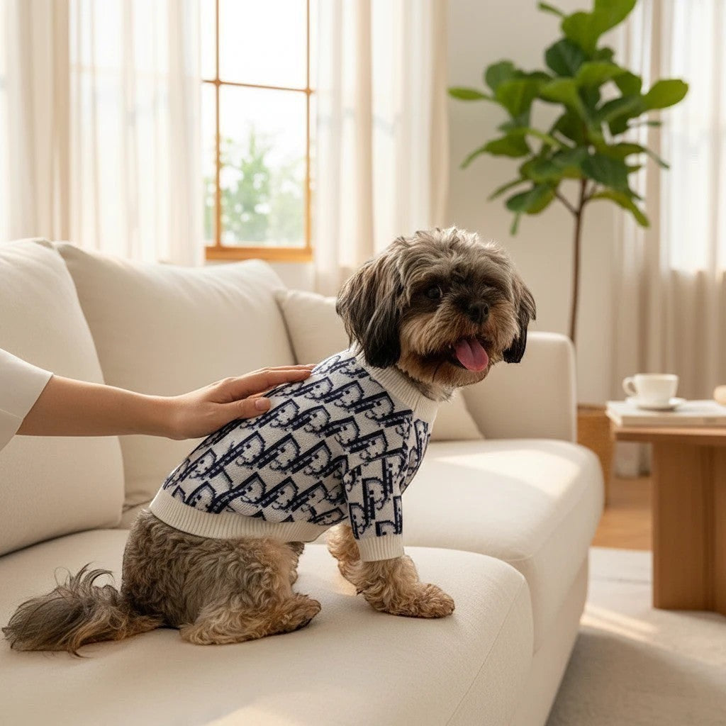 The Spoiled Pet Club dog sweater in white and navy blue with a patterned knit design, worn by a small dog on a sofa.