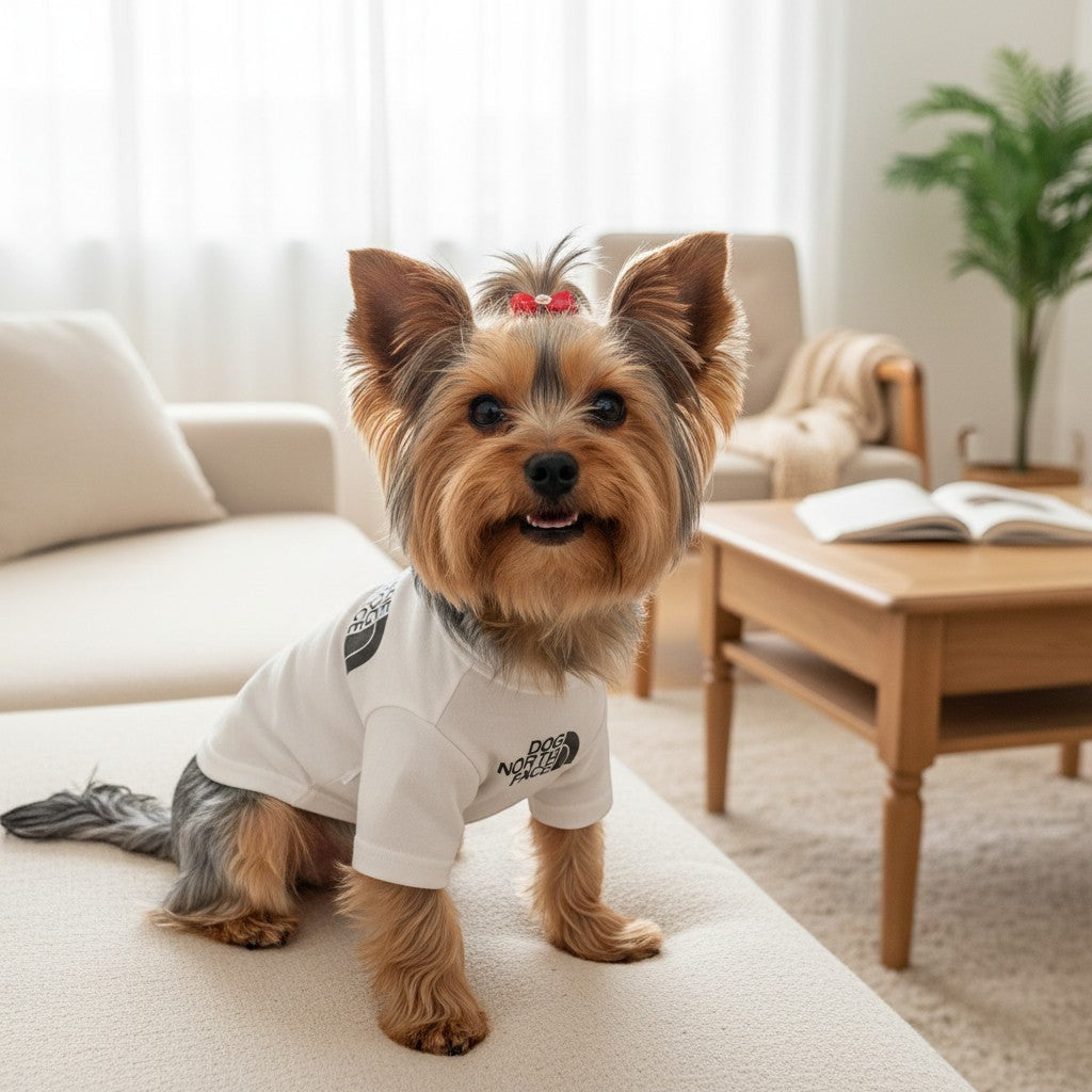 A Yorkshire Terrier wearing a white cotton The Spoiled Pet Club dog t-shirt with a logo, sitting in a bright living room.