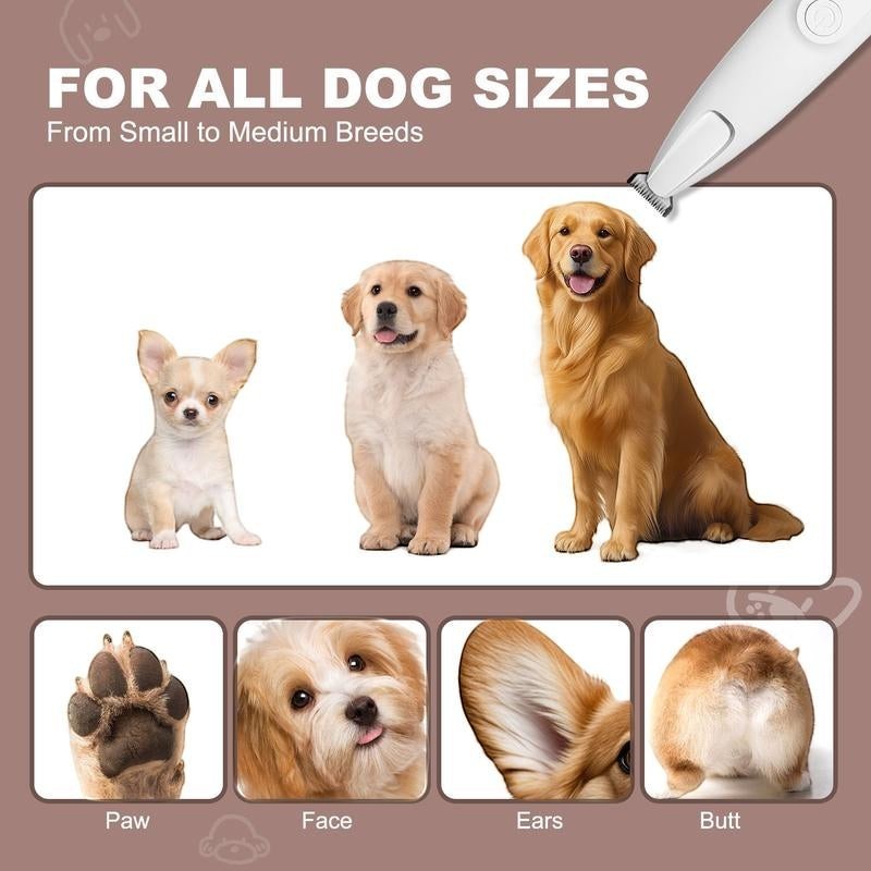 The Spoiled Pet Club Spoiled Spa Trimmer for small to medium dogs, showing a chihuahua, golden retriever puppy, and adult golden retriever.