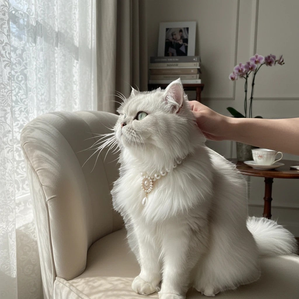 The Spoiled Pet Club Duchess Pearl cat collar featuring a vintage floral design and double-layer pearl embellishments.