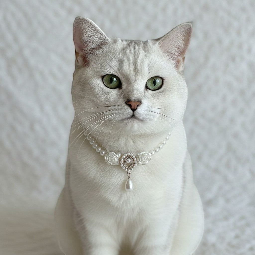 The Spoiled Pet Club Duchess Pearl Cat Collar featuring vintage floral patterns and a dangling pearl charm on a cat.