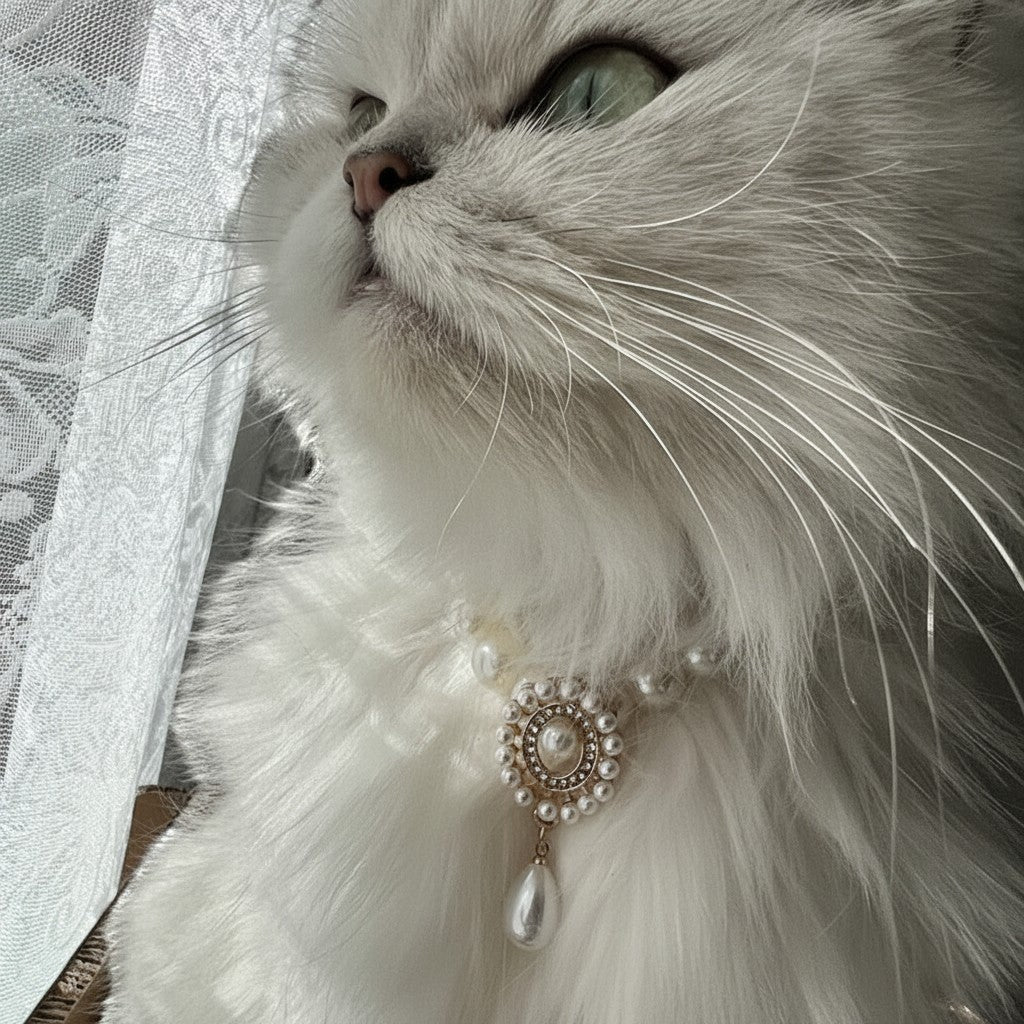 The Spoiled Pet Club Duchess Pearl cat collar featuring a vintage double-layer pearl design with a floral pendant.