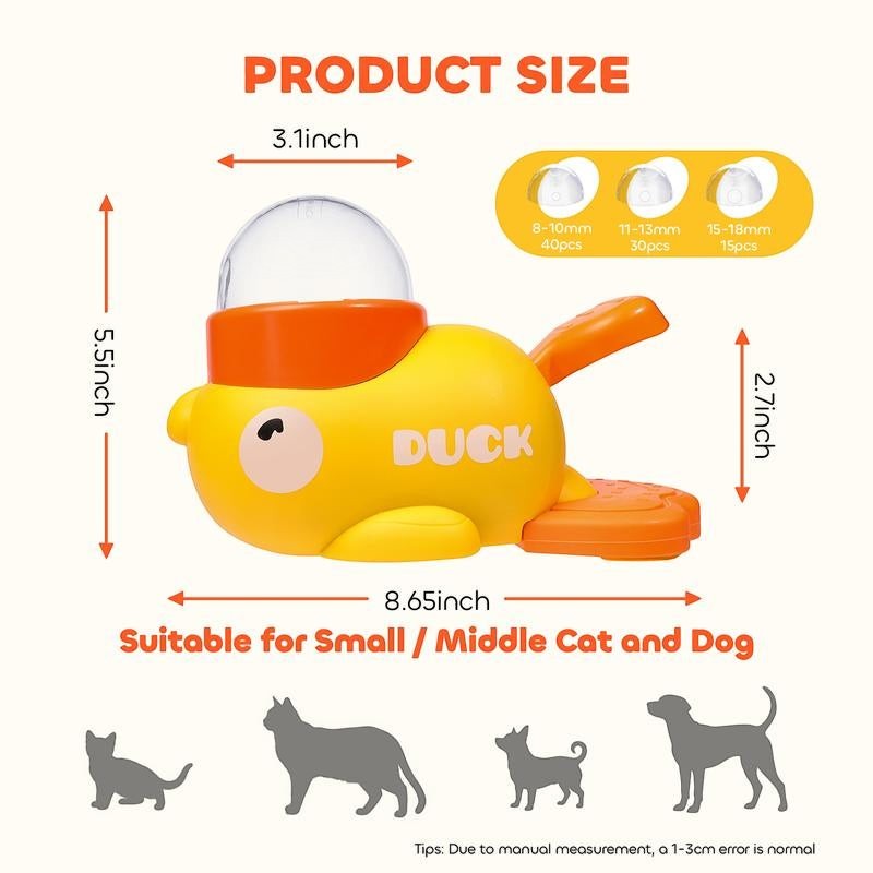 The Spoiled Pet Club Treat Me Duck treat dispenser is yellow and orange, made of durable plastic, and dispenses treats for small to middle-sized dogs and cats.