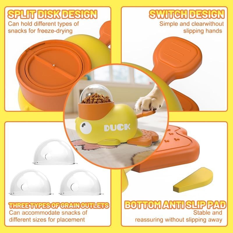 The Spoiled Pet Club Treat Me Duck treat dispenser is yellow and orange, with a clear top filled with kibble. It has a wobble and pedal design.