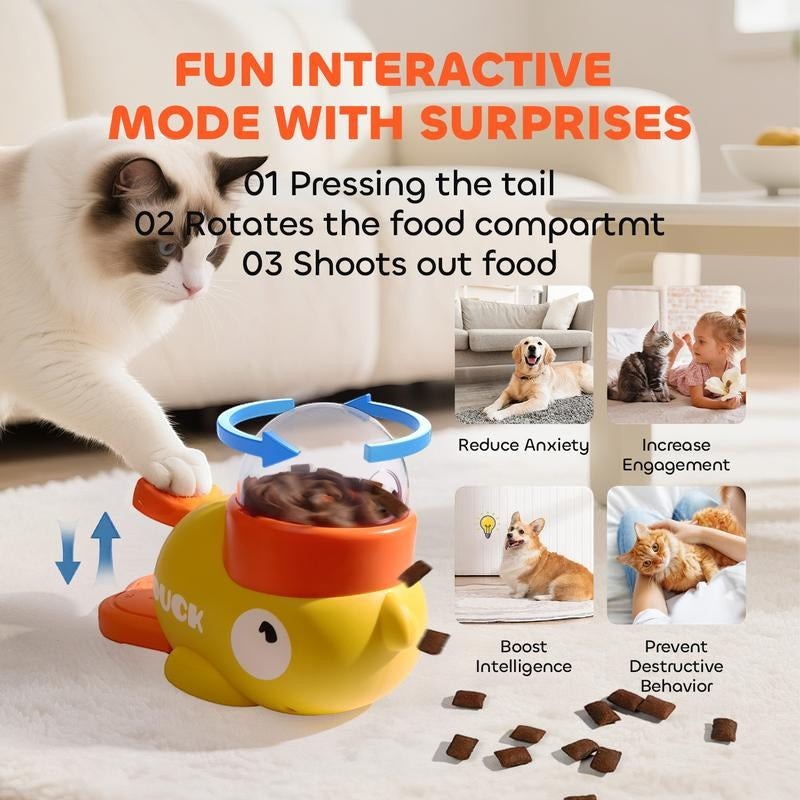 The Spoiled Pet Club Treat Me Duck treat dispenser toy for dogs and cats, yellow with orange accents, dispenses treats.