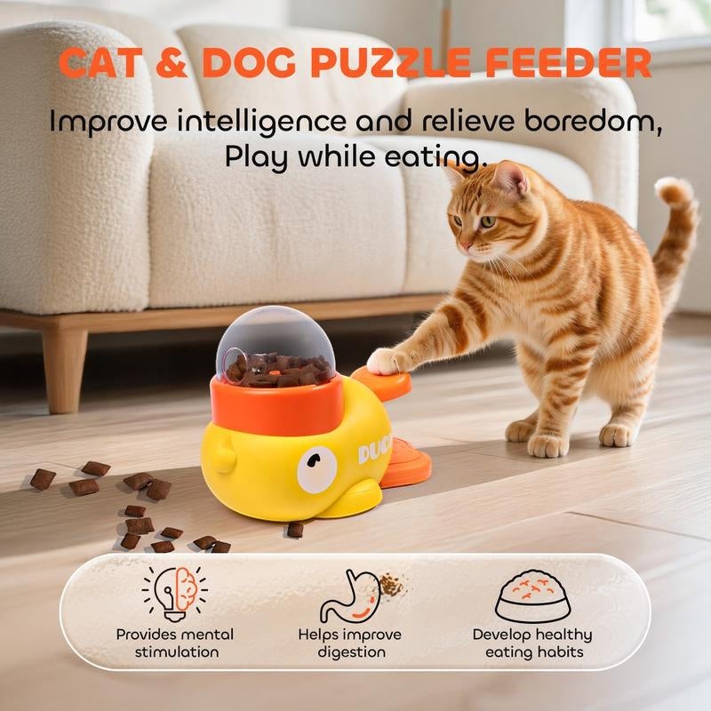 The Spoiled Pet Club Treat Me Duck treat dispenser is a yellow interactive pet toy that dispenses treats.