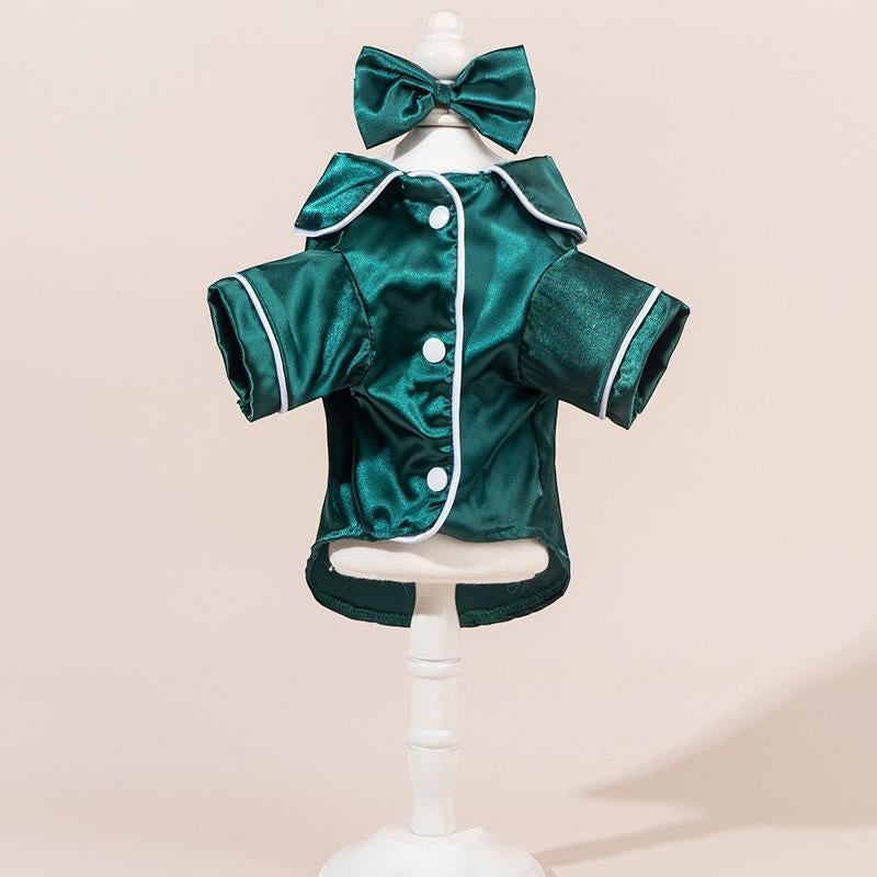 The Spoiled Pet Club Midnight Manor satin pajama shirt in emerald green with white trim and matching bow.