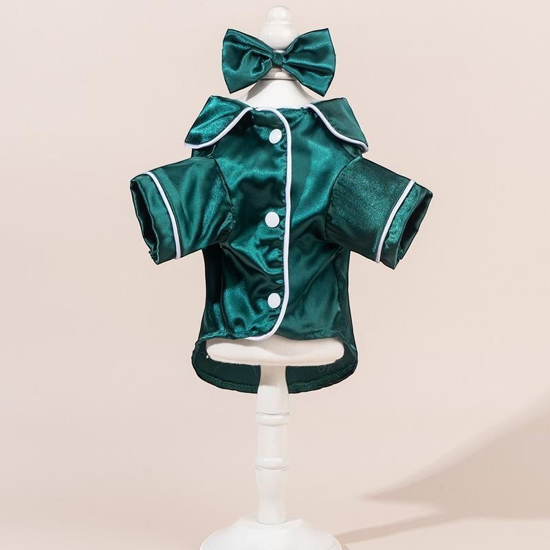 The Spoiled Pet Club Midnight Manor satin pajama shirt in emerald green with white trim and matching bow.