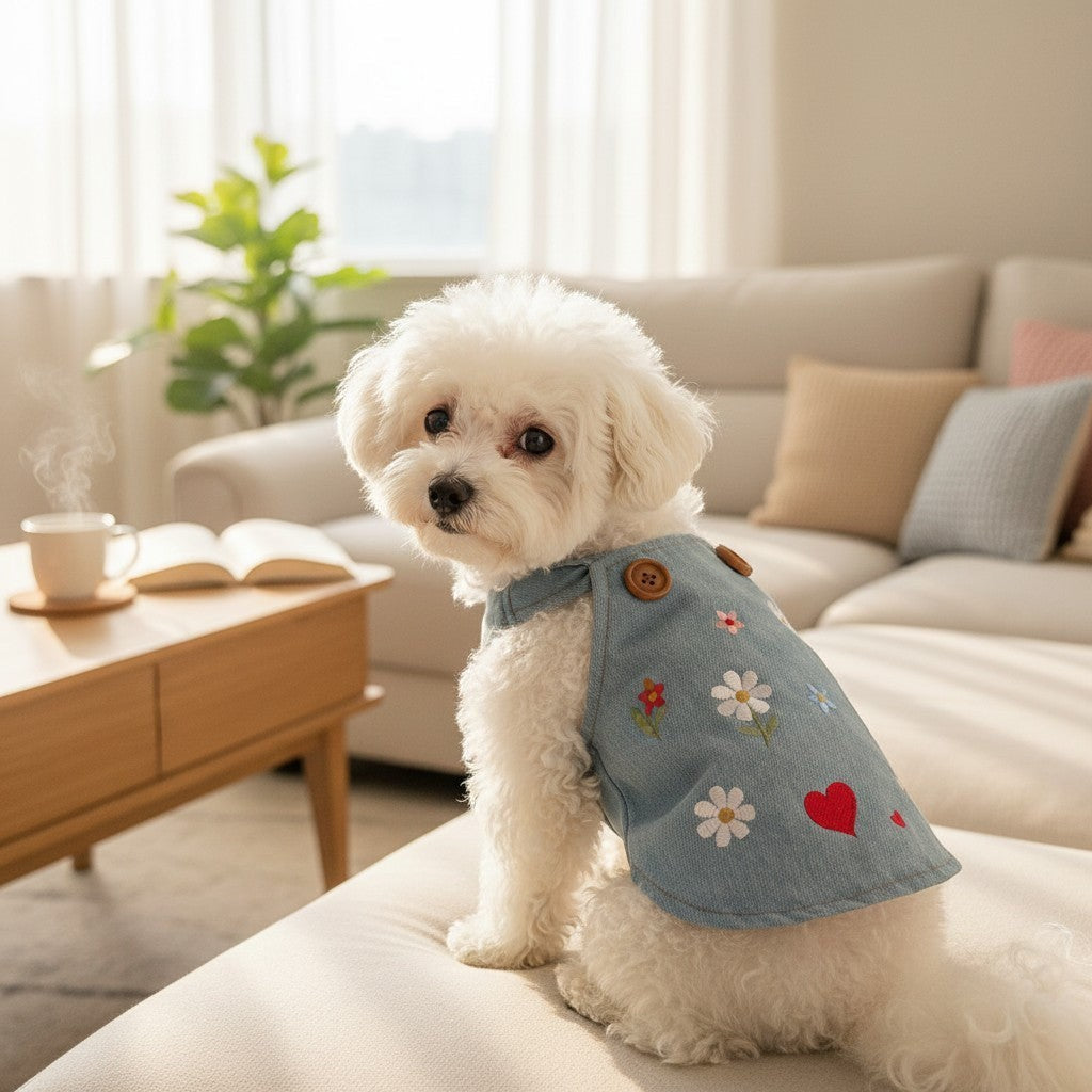 The Spoiled Pet Club floral denim pet skirt on a white Bichon Frise dog sitting on a sofa in a cozy living room.