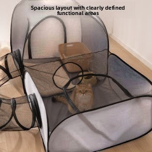 The Spoiled Pet Club gray pop-up cat tunnel and play tent with mesh panels and a spacious tent area.