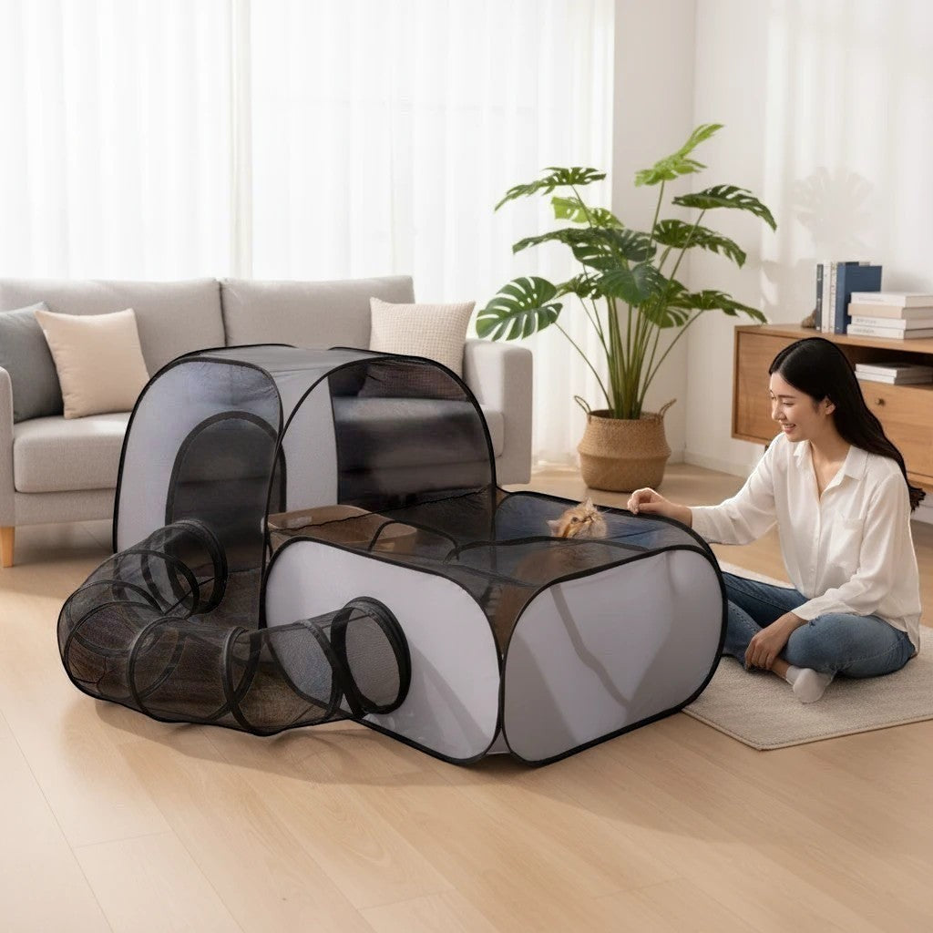 The Spoiled Pet Club gray pop-up cat tunnel and play tent with mesh panels and a tent section.