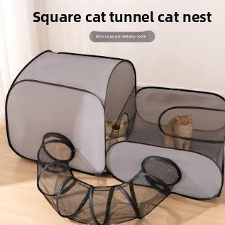 The Spoiled Pet Club gray pop-up cat tunnel and play tent with mesh panels for ventilation.
