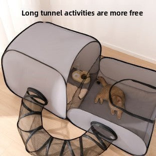 The Spoiled Pet Club gray pop-up cat tunnel and play tent with mesh panels for ventilation and easy storage.