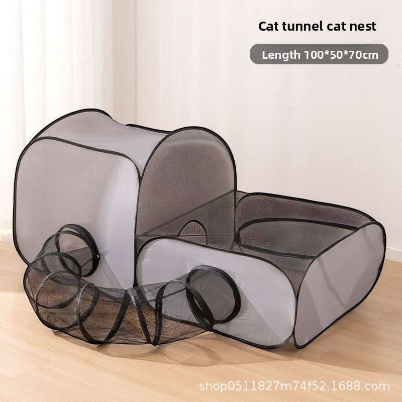 The Spoiled Pet Club gray cloth catio with mesh panels and a tunnel, perfect for indoor or outdoor play.