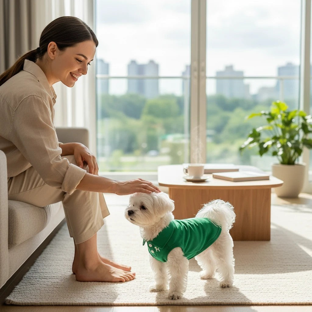 The Spoiled Pet Club green polyester dog vest with embroidered detail, tailored collar, and button closure.