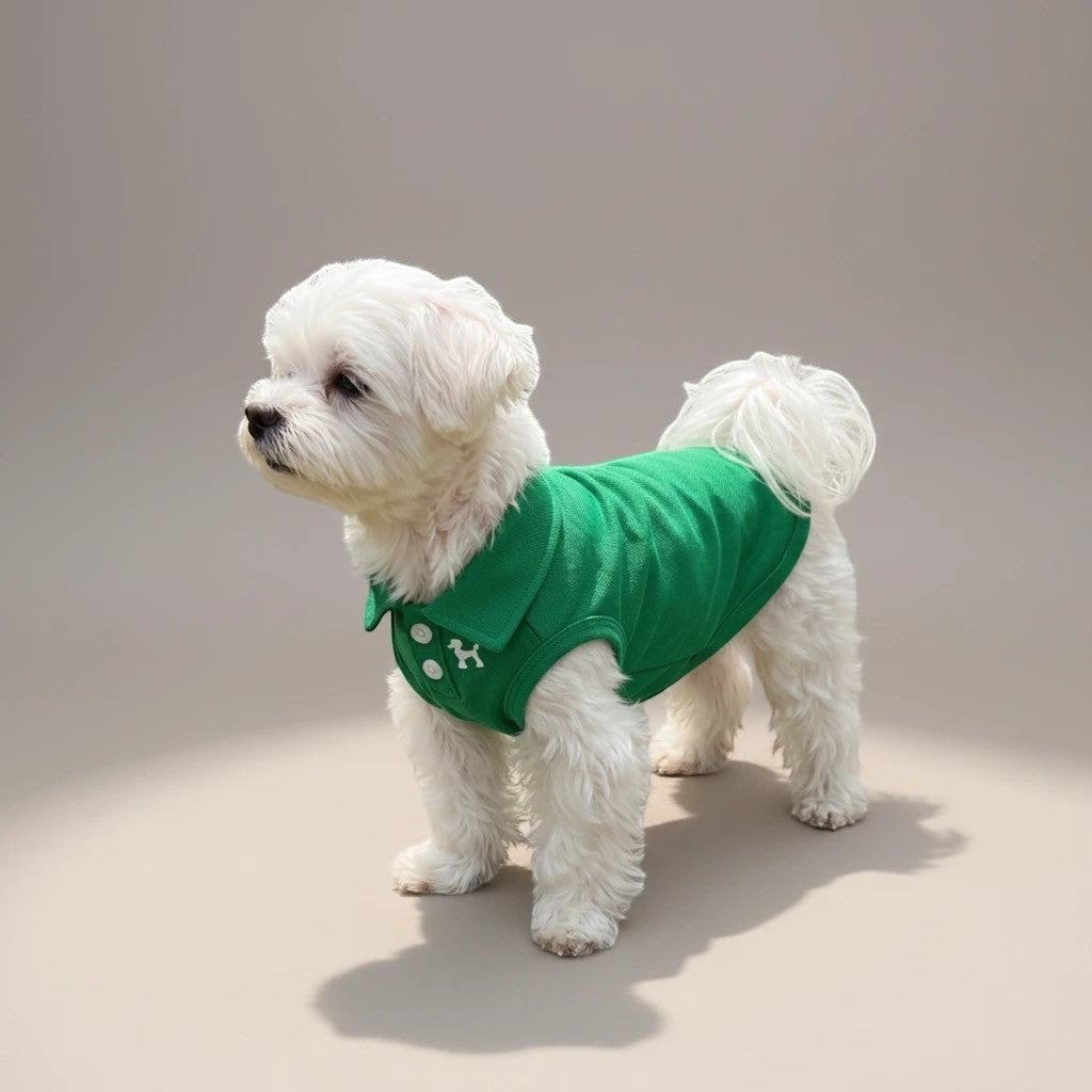 The Spoiled Pet Club green polyester dog vest with button detail and embroidered logo. Tailored collar, casual style.