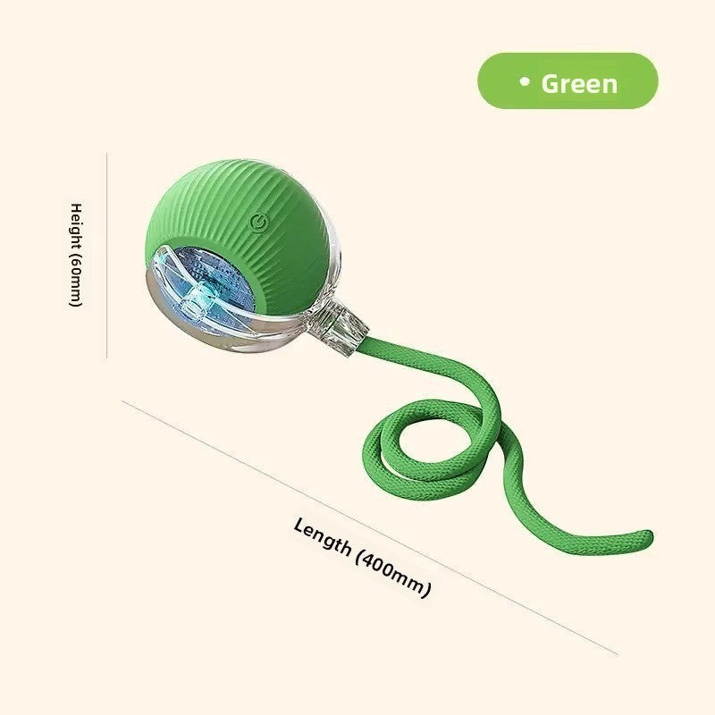 The Spoiled Pet Club grass green interactive rolling dog toy ball with a silicone tail and 60mm height measurement.