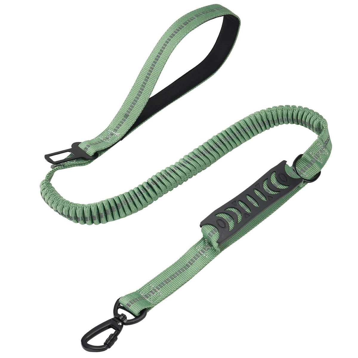 The Spoiled Pet Club green multifunctional dog leash with shock-absorbing polyester, padded handle, and seatbelt clip.