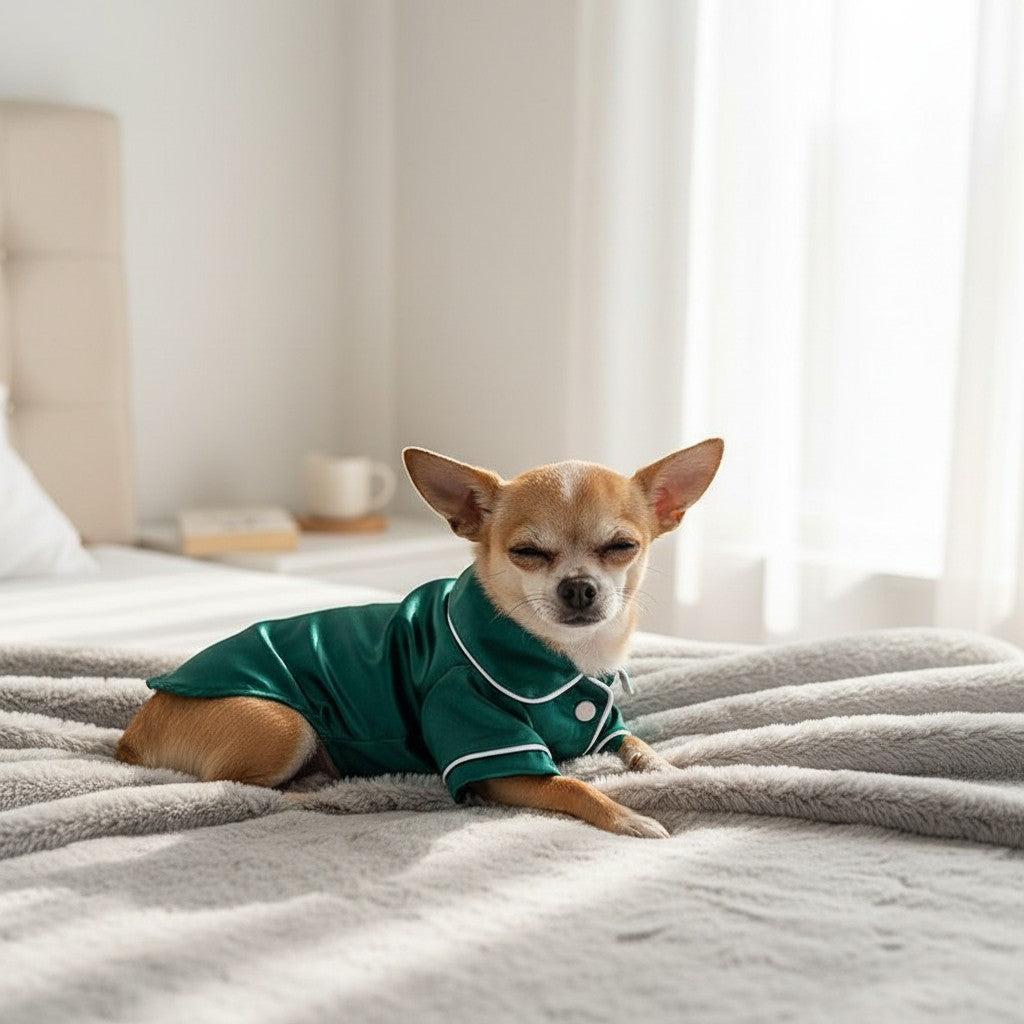 A chihuahua wearing a green satin The Spoiled Pet Club pajama shirt with white piping, resting on a soft grey blanket.