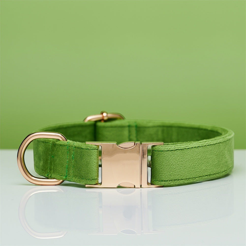 The Spoiled Pet Club adjustable green velvet dog collar with gold metal buckle and D-ring.