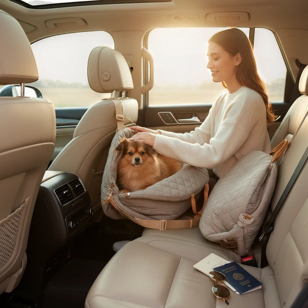 The Spoiled Pet Club grey quilted nylon pet carrier secured in a car with a small dog inside and a woman petting it.