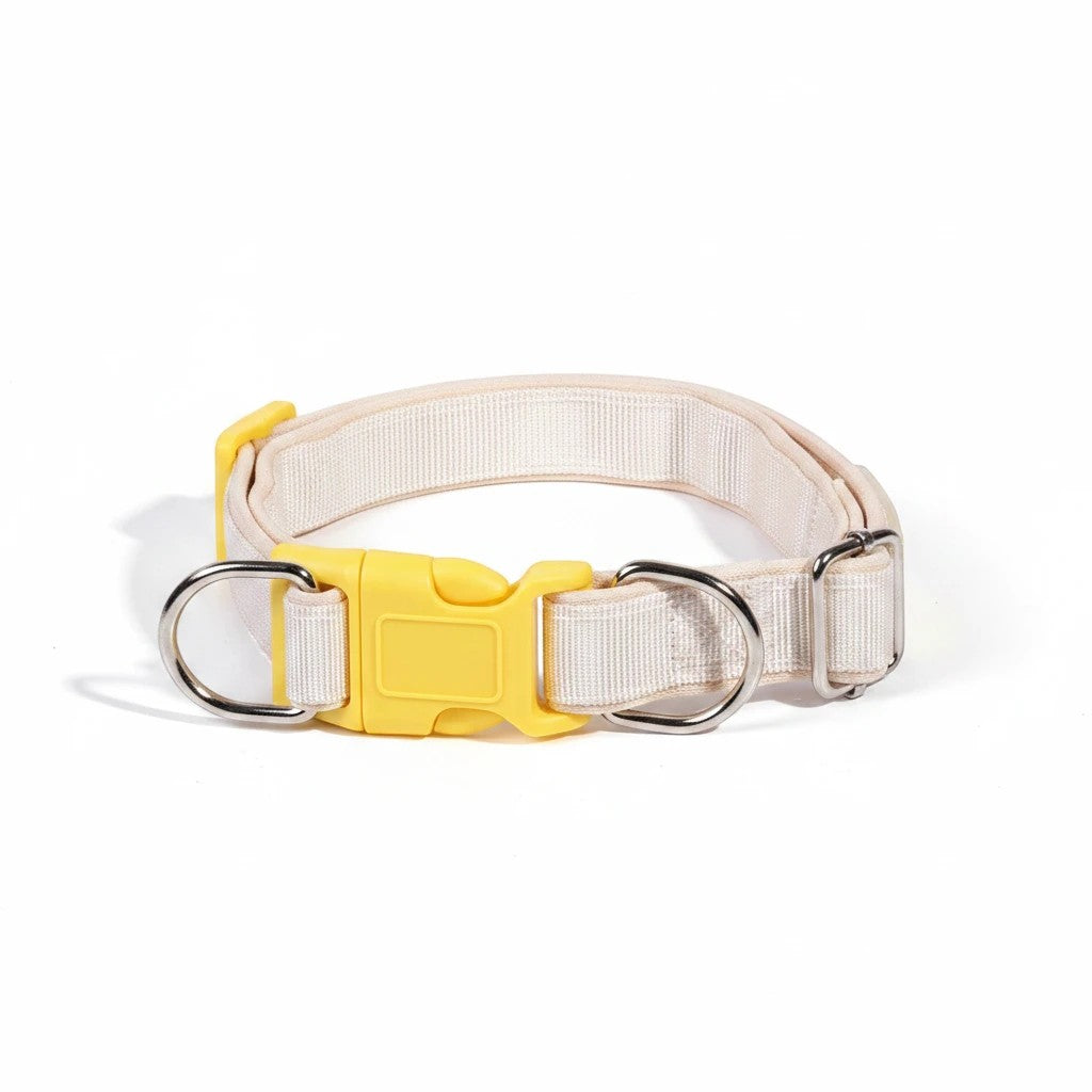The Spoiled Pet Club Astor Heavy-Duty Collar in cream with yellow buckle and silver D-rings. Made of polypropylene.