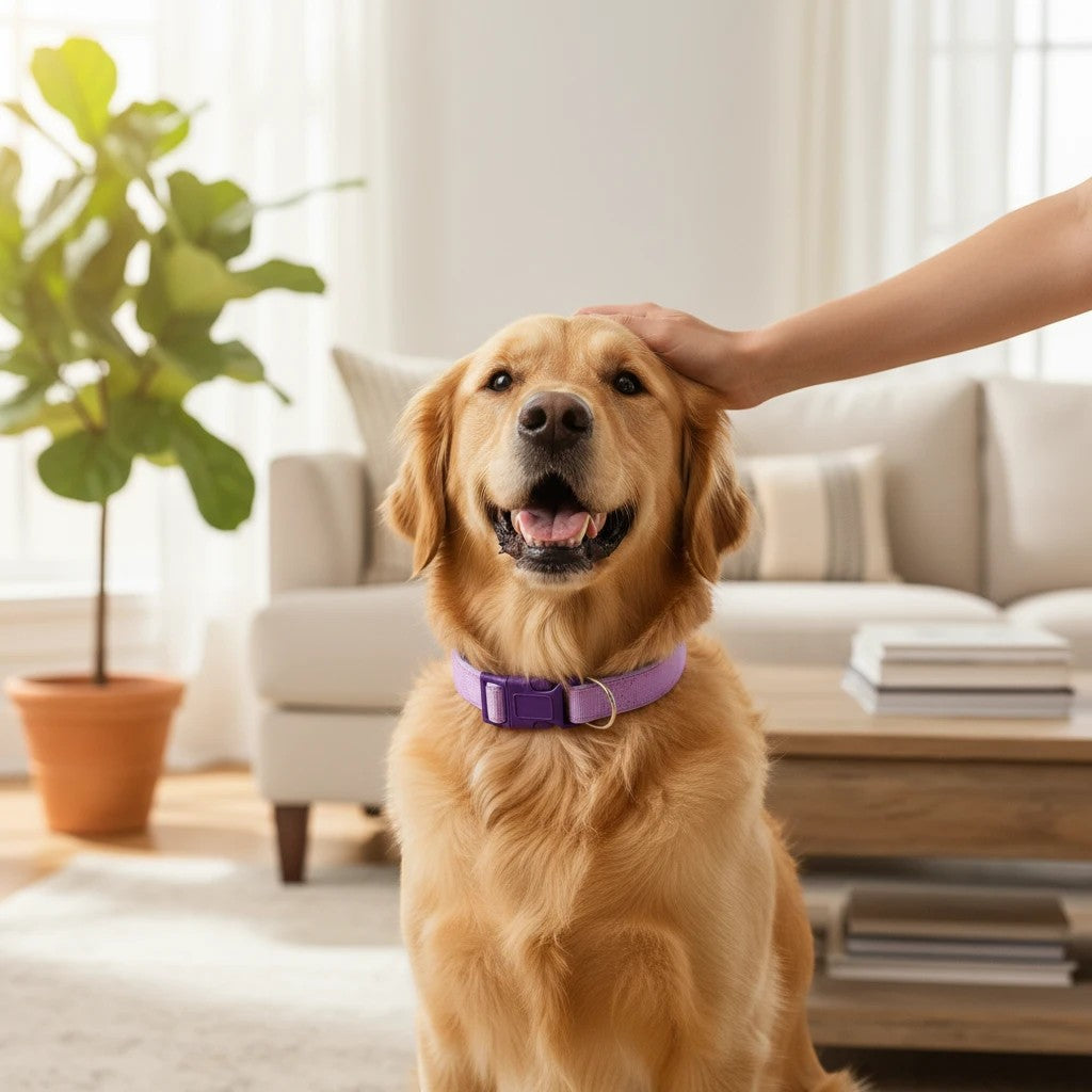 The Spoiled Pet Club Astor Heavy-Duty Collar in purple, made of polypropylene, with adjustable fit and integrated leash.