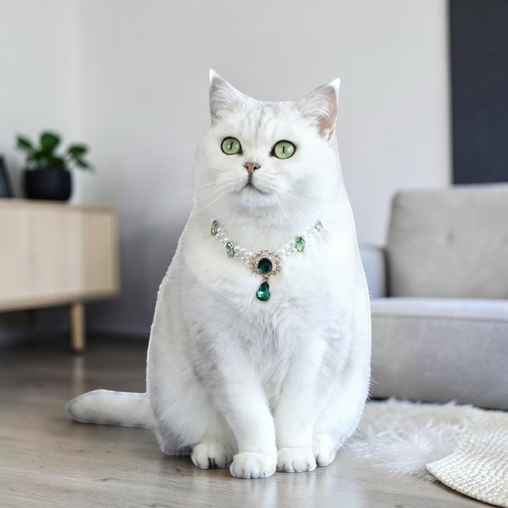 The Spoiled Pet Club Heiress pet collar featuring white pearls and a green crystal pendant on a white cat