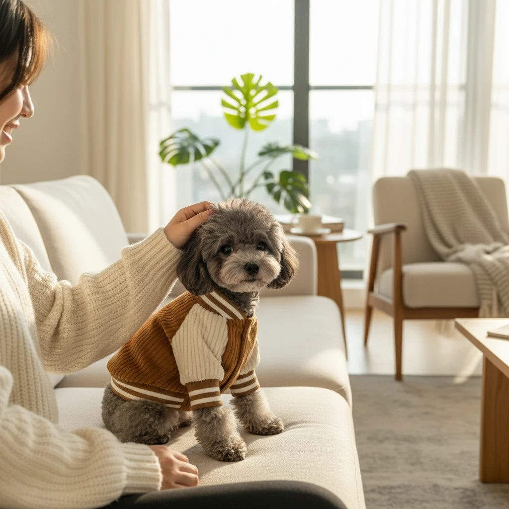 The Spoiled Pet Club Heritage Knit Pullover in brown and cream with stripe details on a dog.