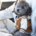 The Spoiled Pet Club Heritage Embroidered Knit Pullover for dogs, brown and white corduroy with stripe details and button closure.