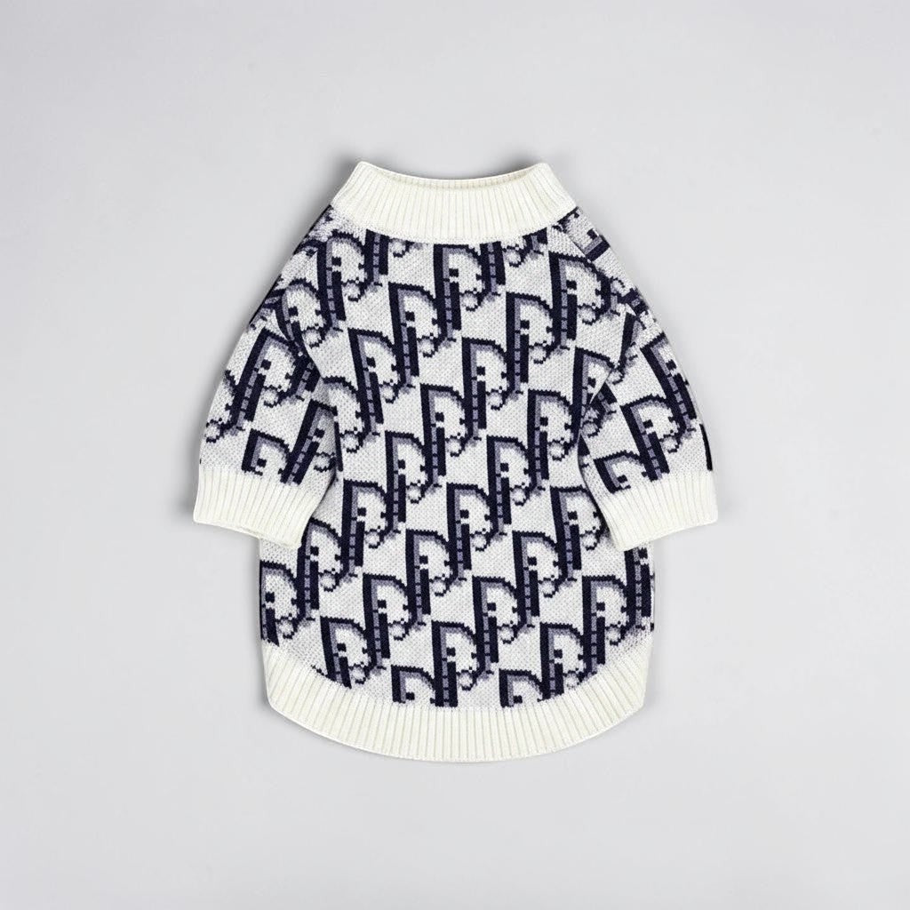 The Spoiled Pet Club Highlands sweater for dogs in white and black with a designer-inspired monogram knit pattern.